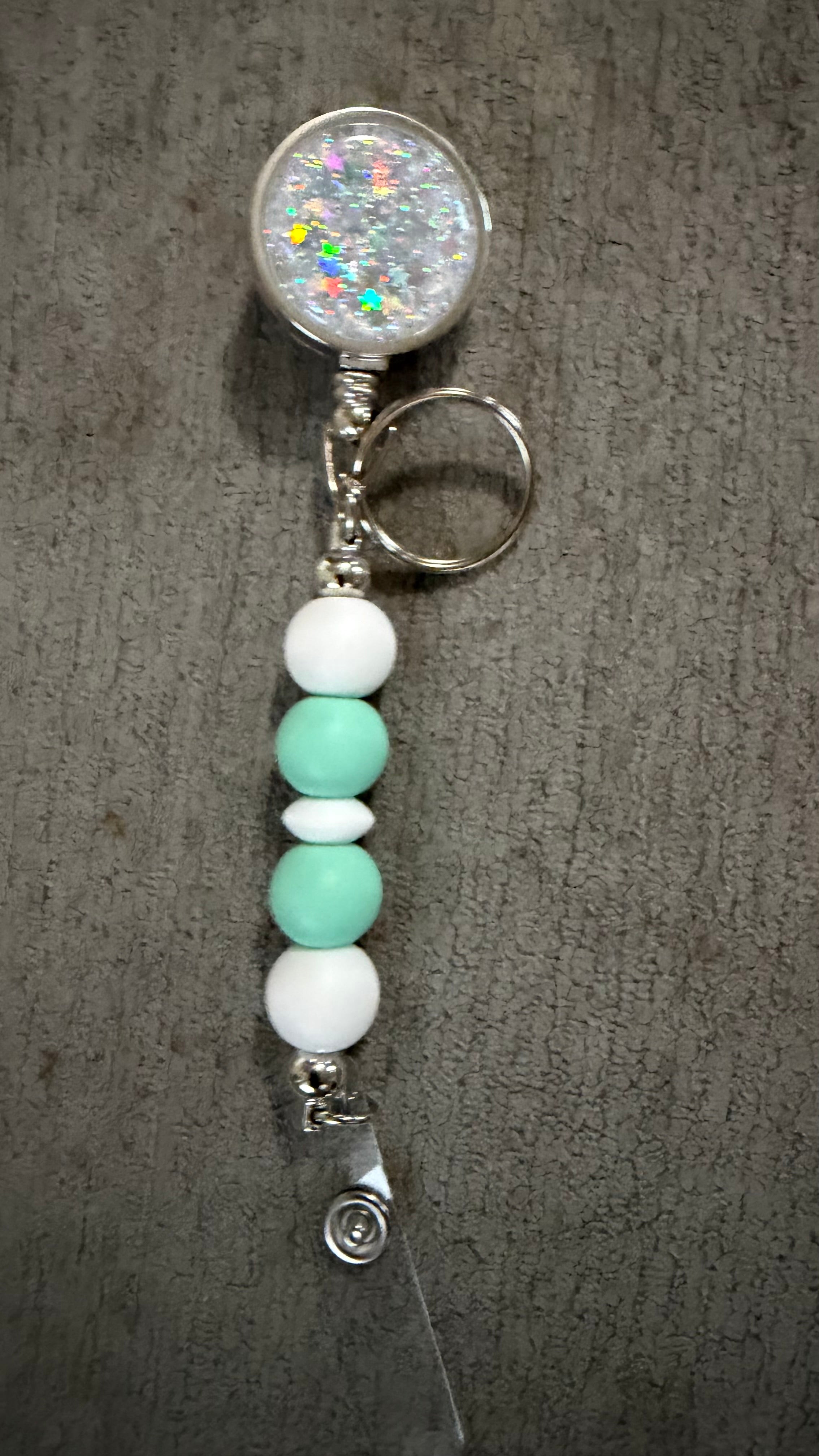 White jeweled beaded badge reel