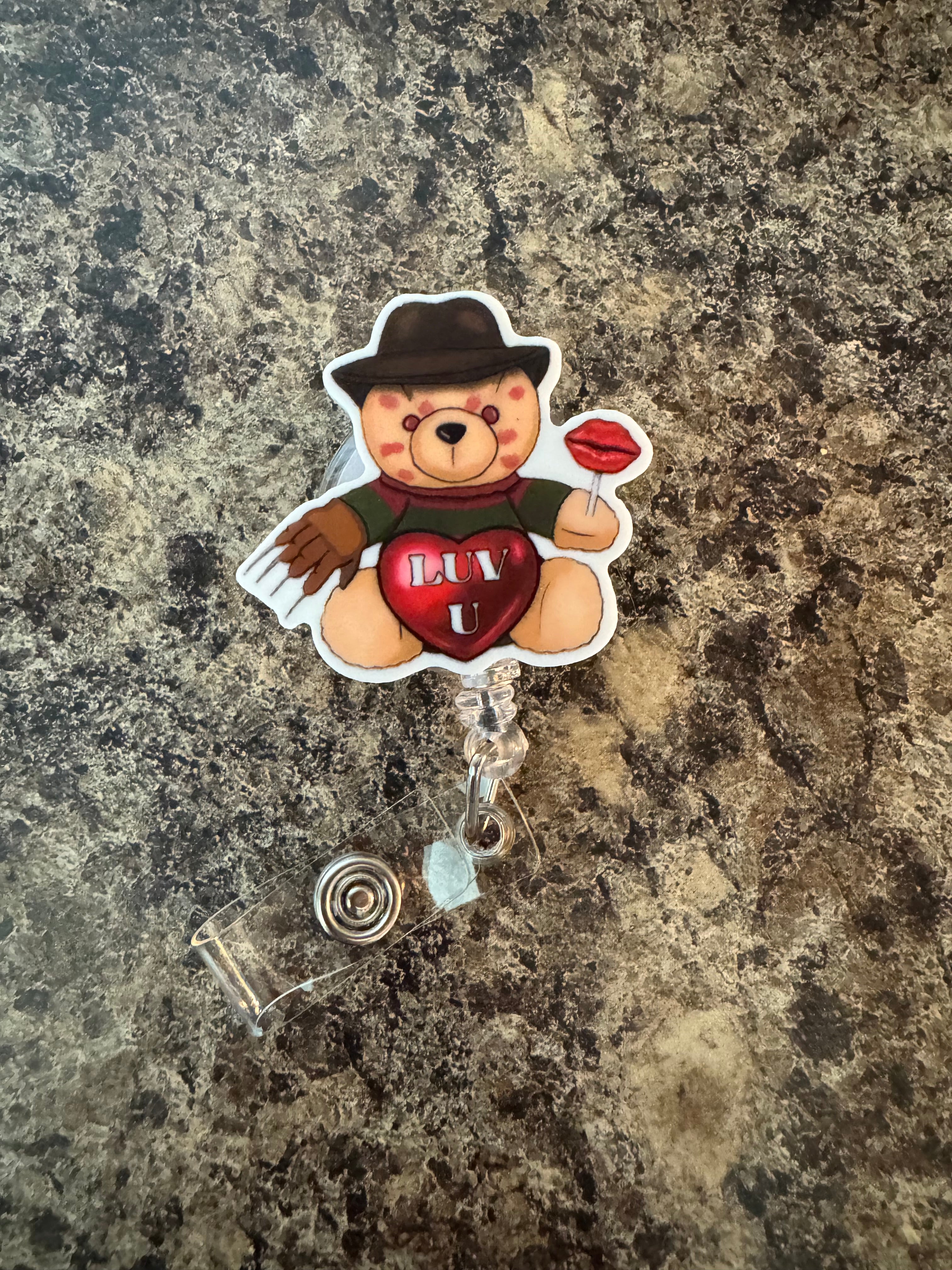 Freddy luv you bear badge reel