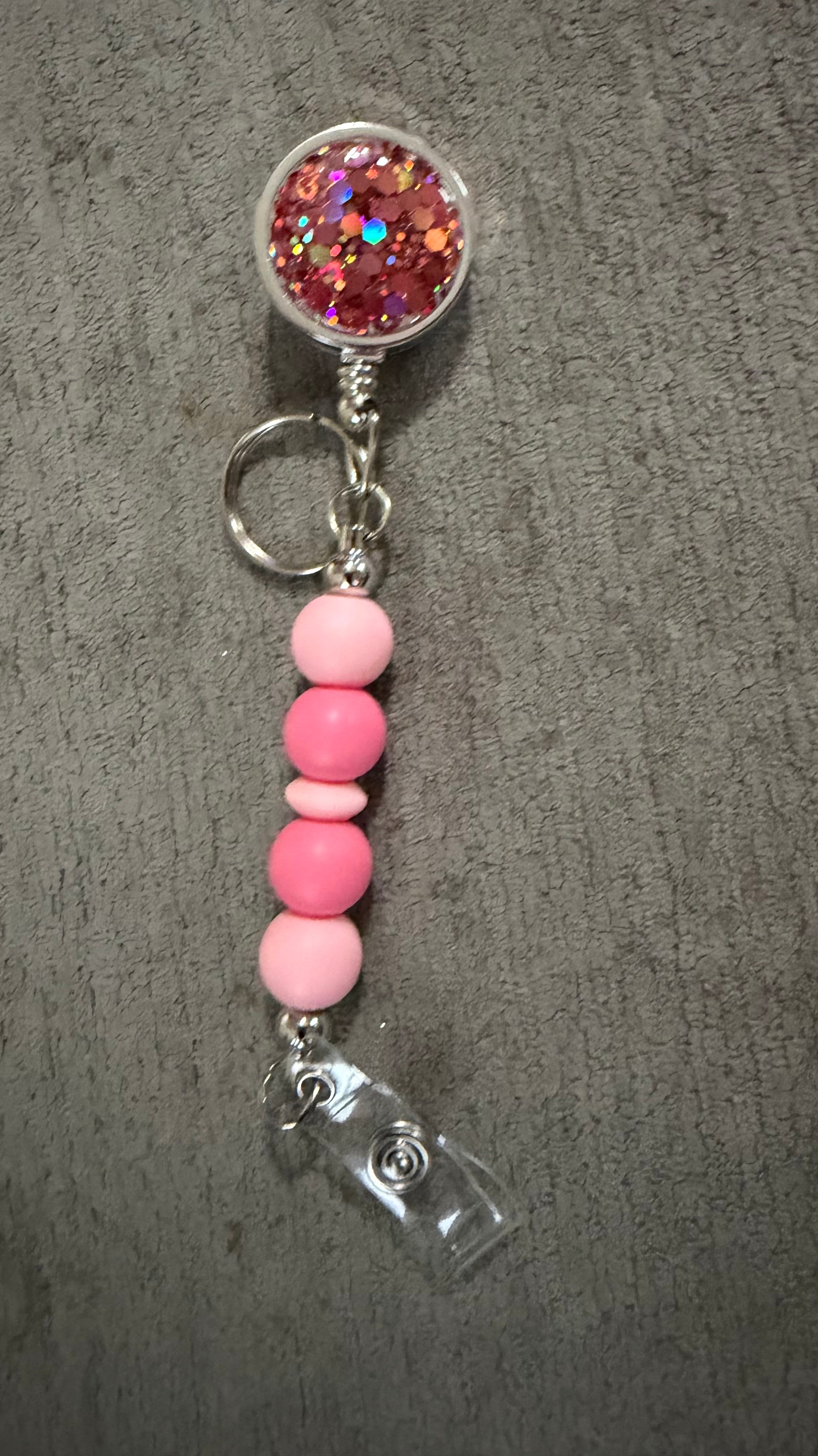 Dark pink jeweled beaded badge reel