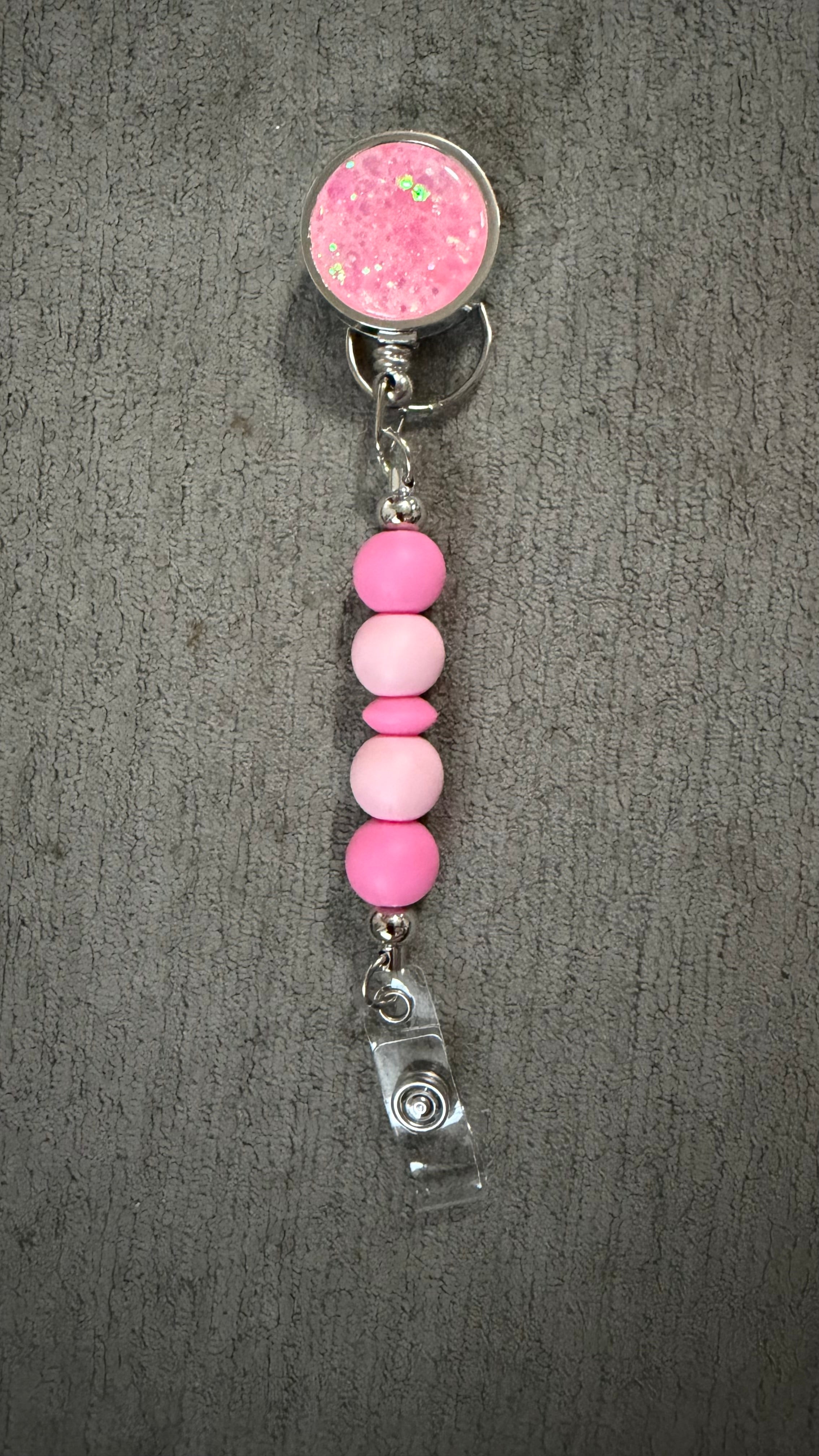 Pink jeweled beaded badge reel