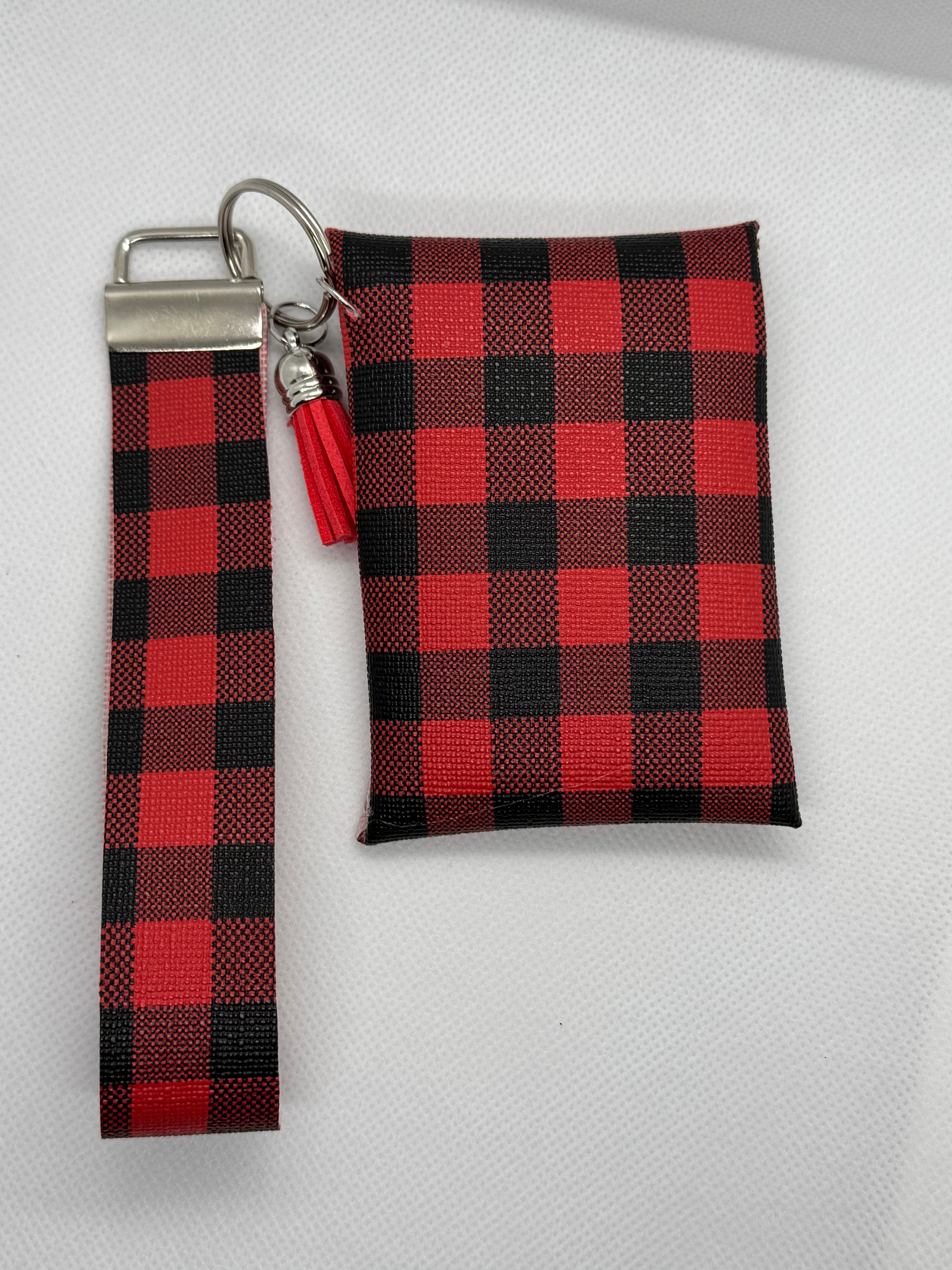 Red plaid wristlet/card wallet set