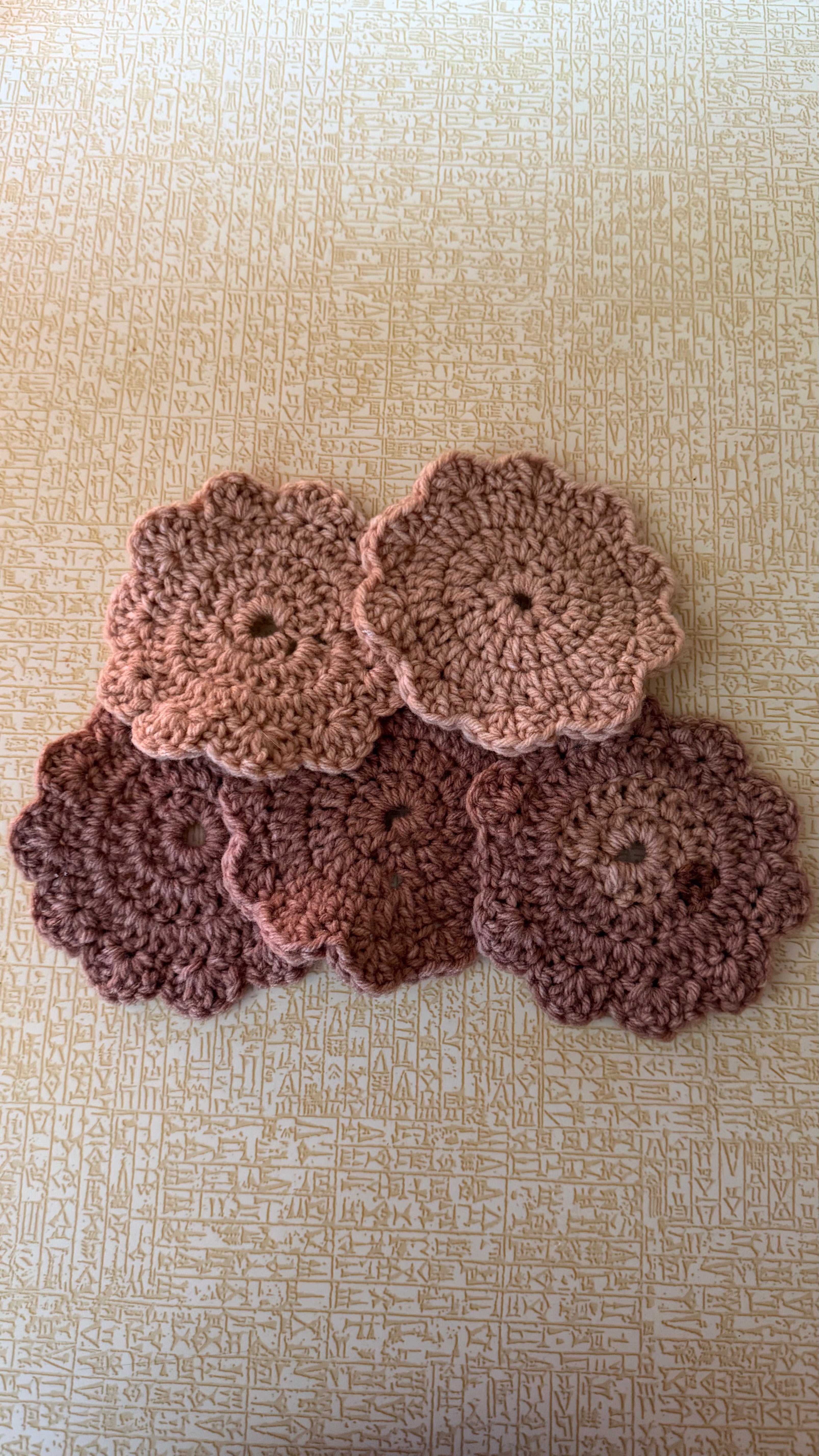 Set of 5 hand crocheted coaster in brown/tan