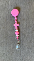 pink Jesus Beaded badge reel