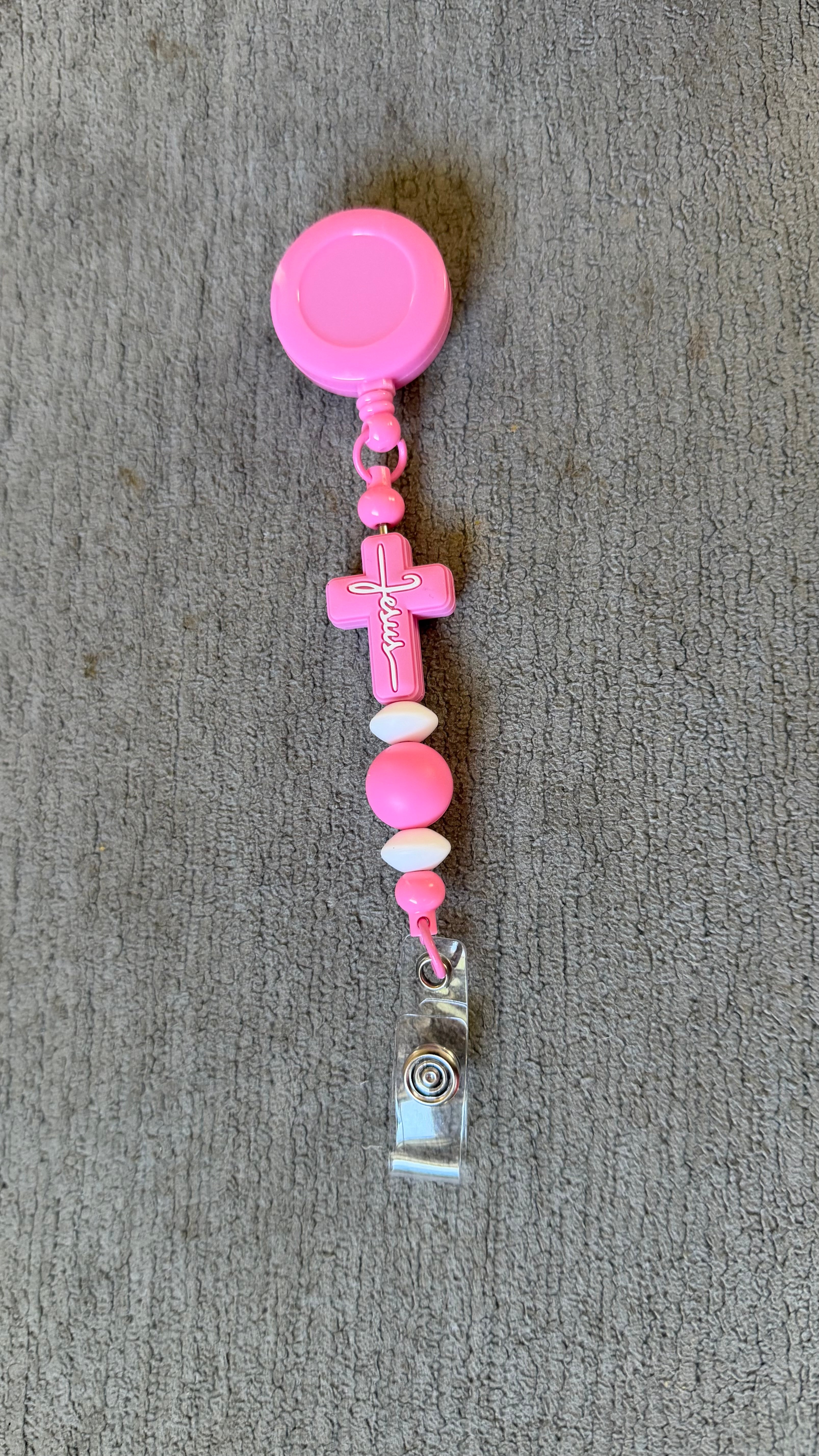 pink Jesus Beaded badge reel